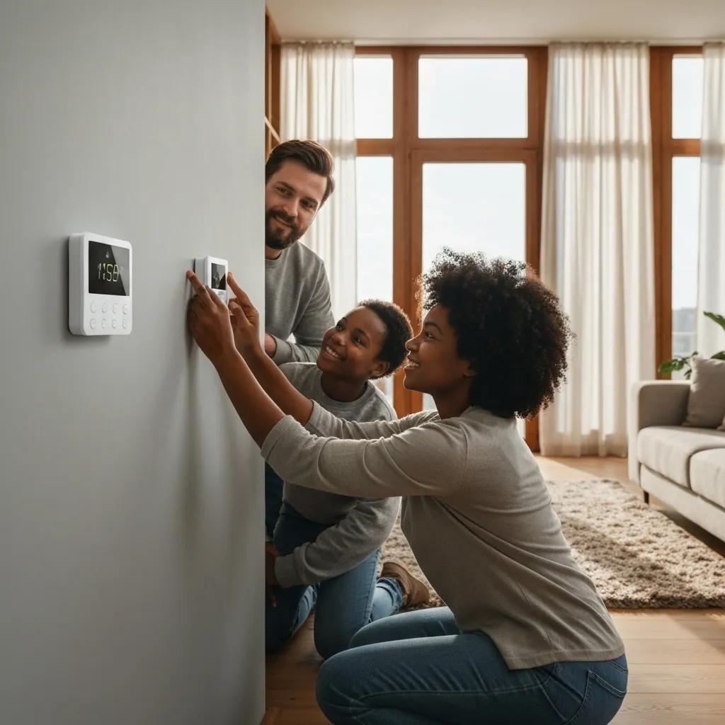Family using a smart thermostat in a well-insulated living space