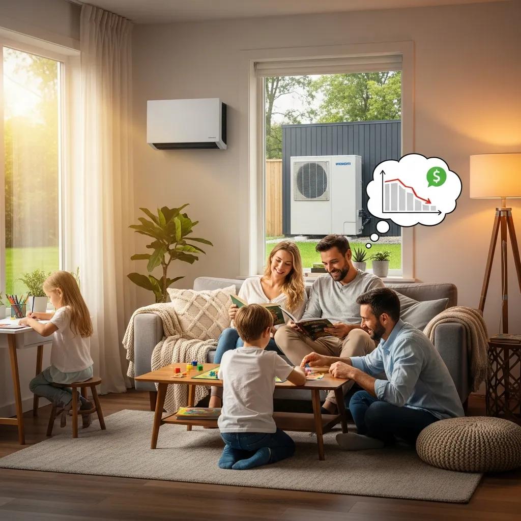 Family enjoying comfort indoors with energy-efficient heat pump in background