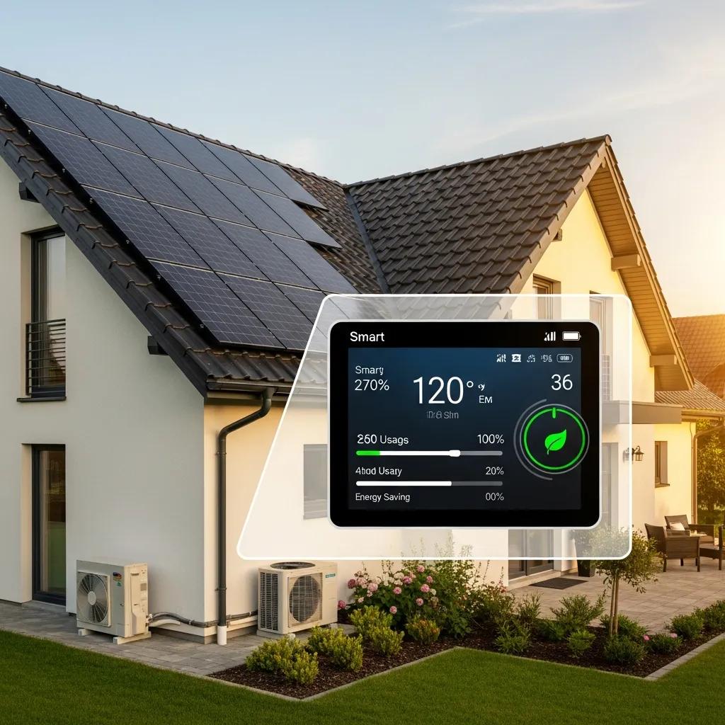 Smart HVAC system with solar panels, illustrating energy efficiency and modern technology